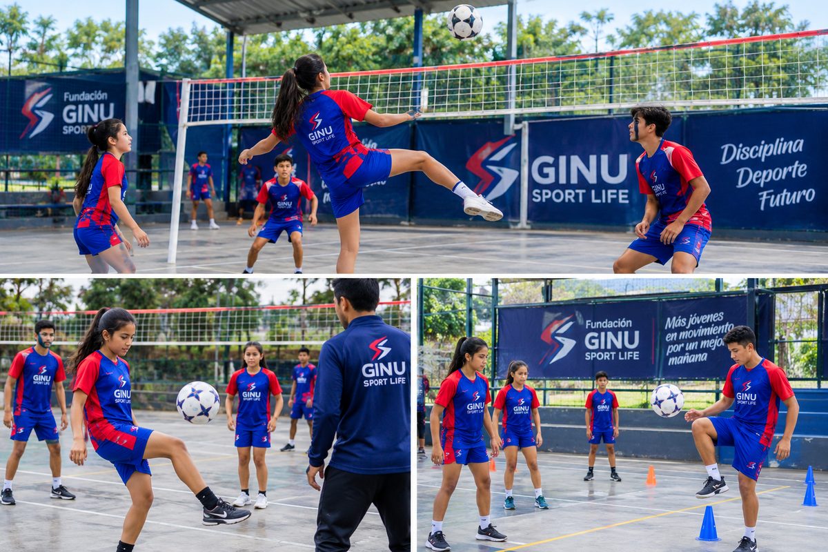 Niñas y niños del Club de Ecuavoley entrenando en la cancha cubierta