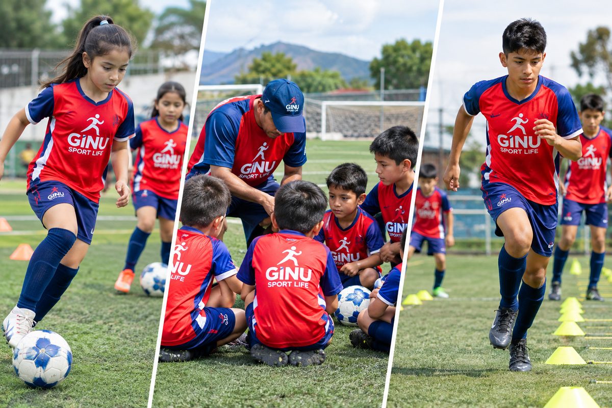 Niñas y niños del Club de Fútbol entrenando en la cancha